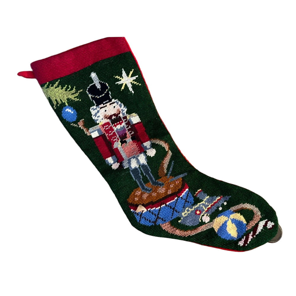 Vintage Nutcracker-Themed Needlepoint Christmas Stocking With Red Velvet Backing